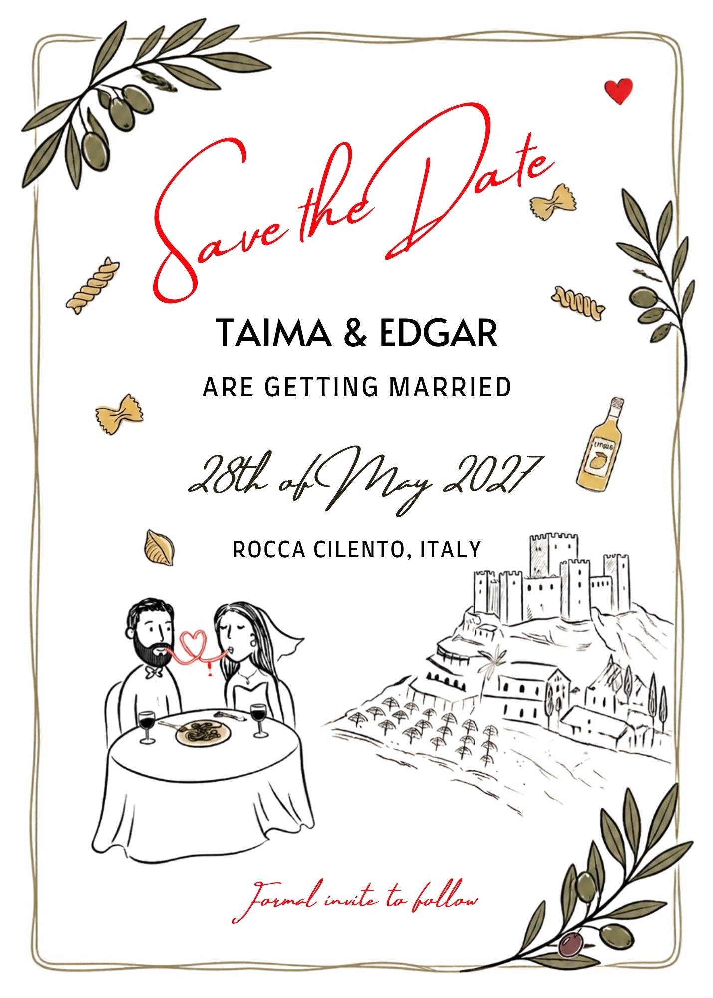 Save the Date — Taima and Edgar are getting married, 28th of May 2027, Rocca Cilento, Italy. Formal invite to follow.